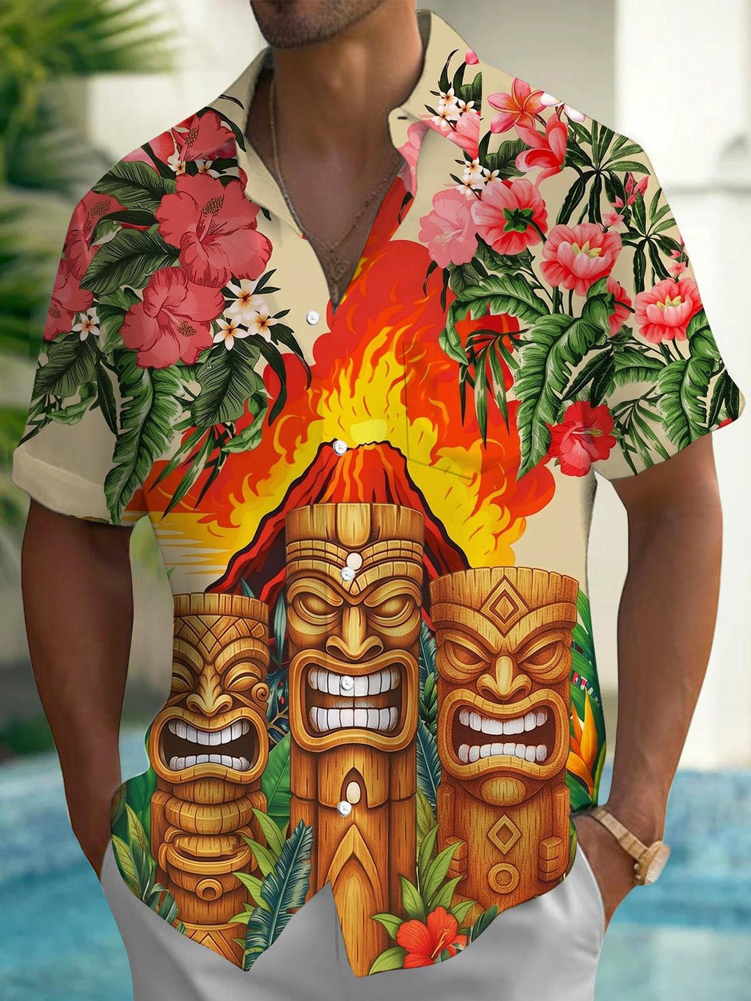 Hawaiian Tiki Volcano Flower Print Men's Pocket Short Sleeve Shirts