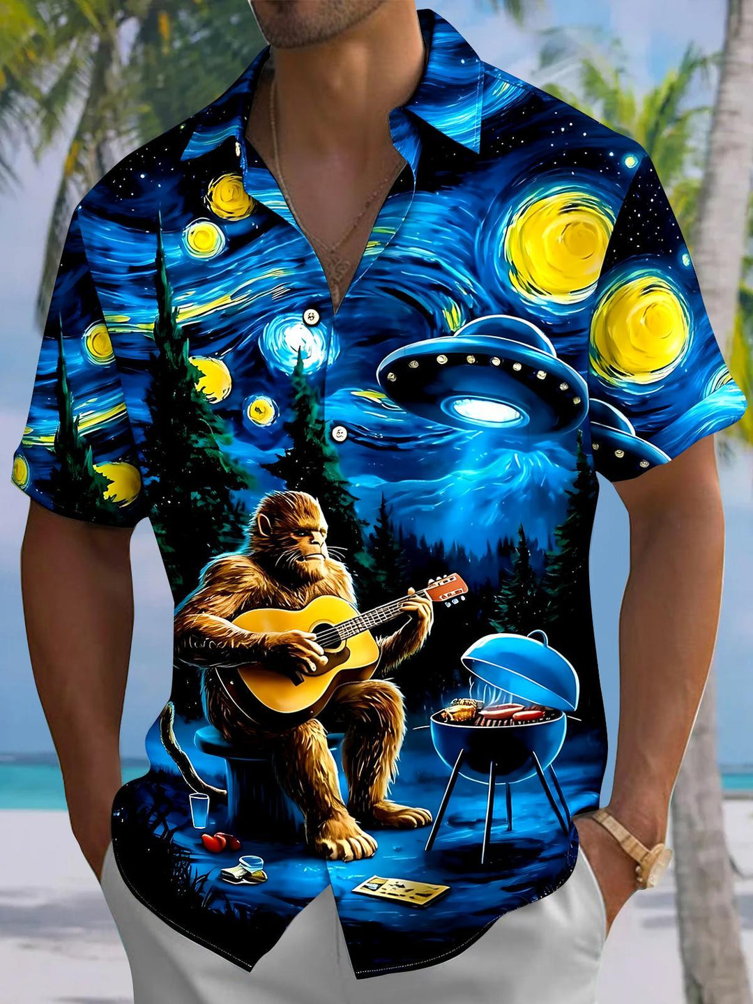 Hawaiian Chimpanzee Guitar BBQ Men's Pocket Short Sleeve Shirts