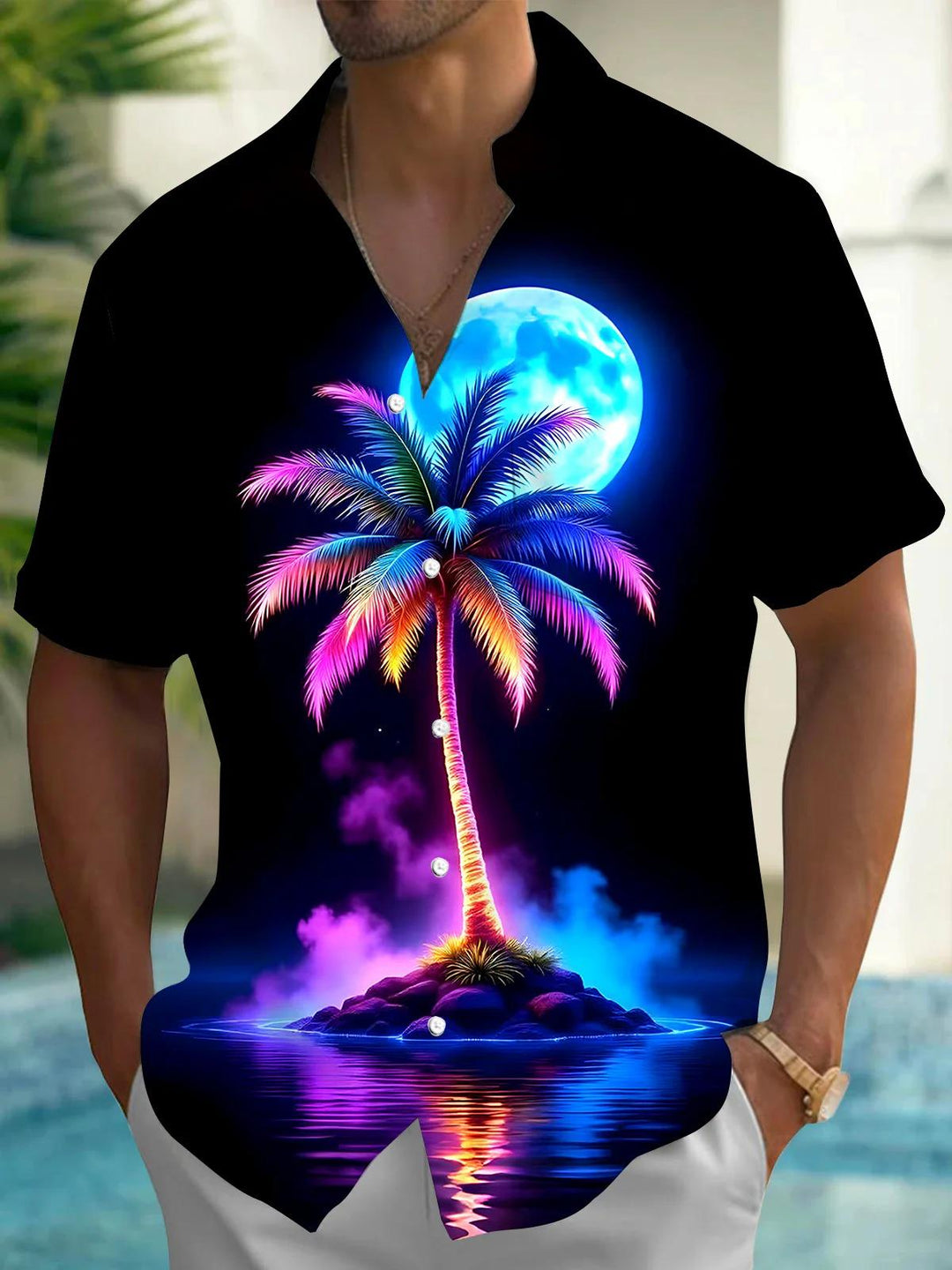 Hawaiian Coconut Tree Moon Men's Pocket Short Sleeve Shirts