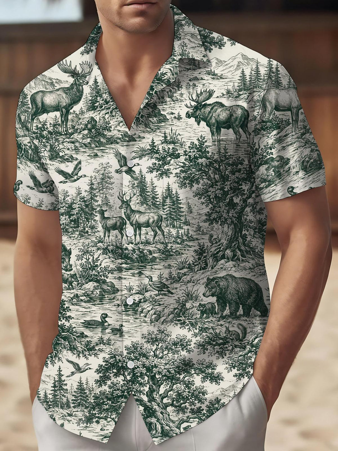 Wilderness Scenery Hawaiian Print Men's Pocket Short Sleeve Shirts