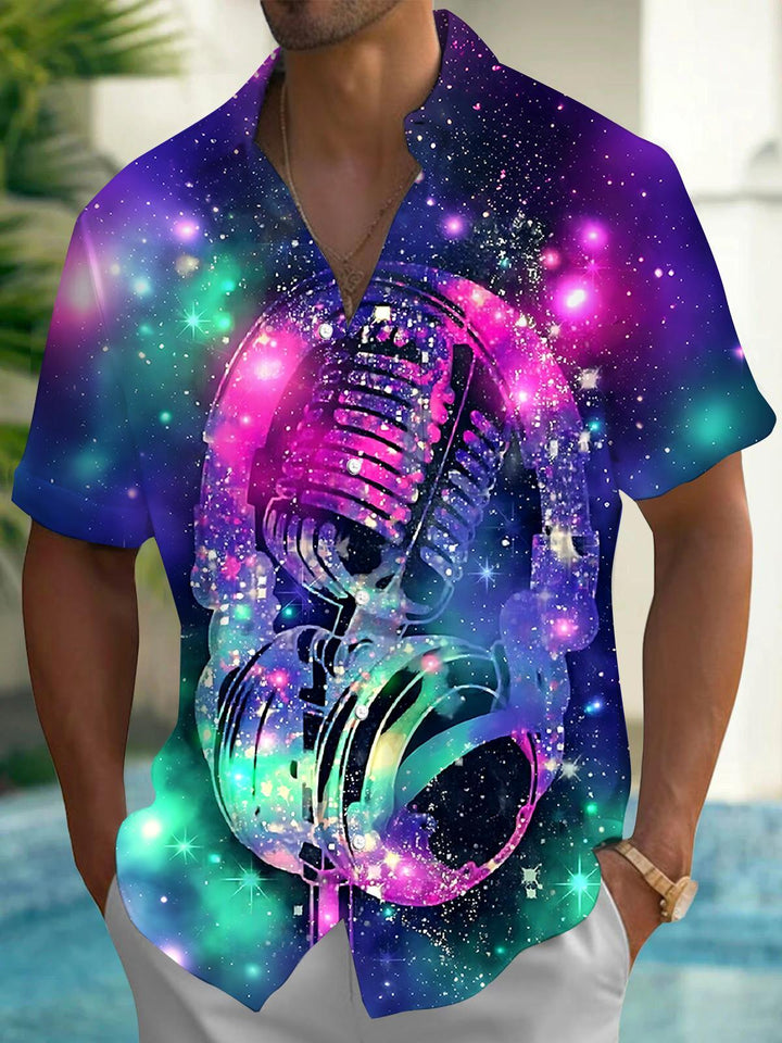 Microphone Headphones Men's Pocket Short Sleeve Shirts