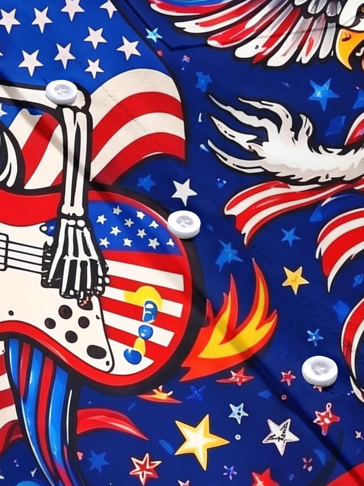USA Flag Skeleton Guitar Eagle Independence Day Men's Pocket Short Sleeve Shirts