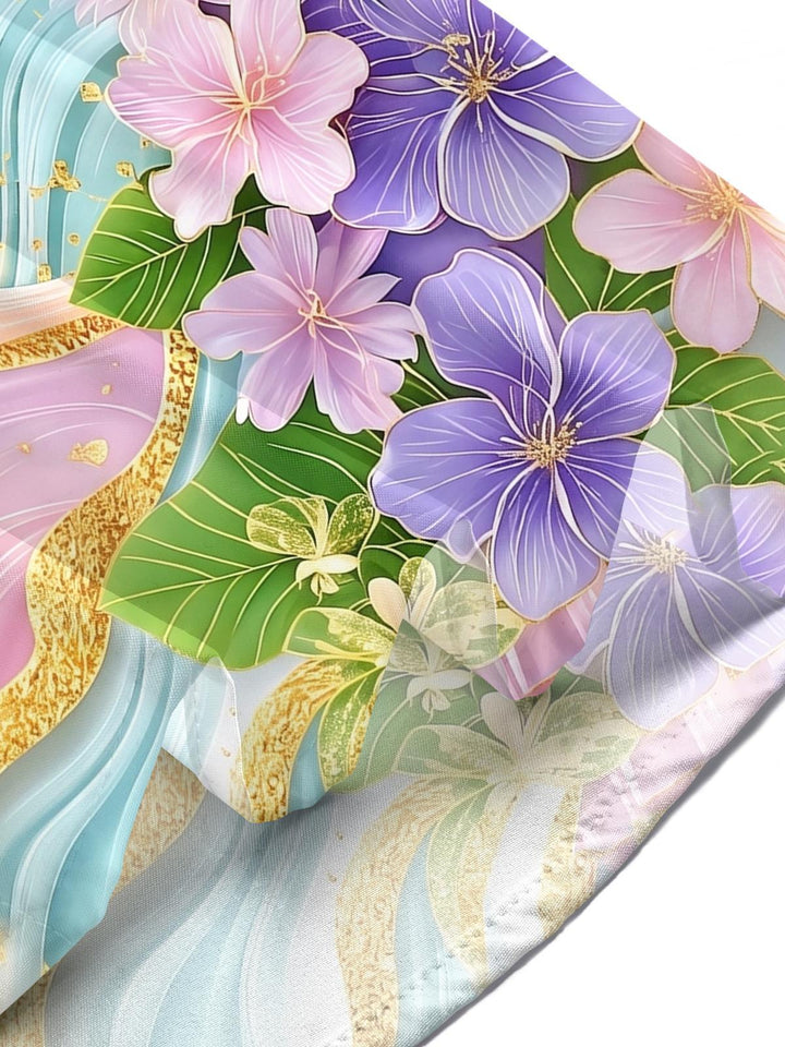 Art Gold Foil Gradient Purple Floral Hawaiian Men's Pocket Short Sleeve Shirts