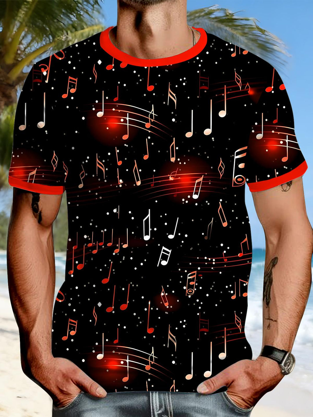 Music Note Print Round Neck Short Sleeve Men's T-shirt