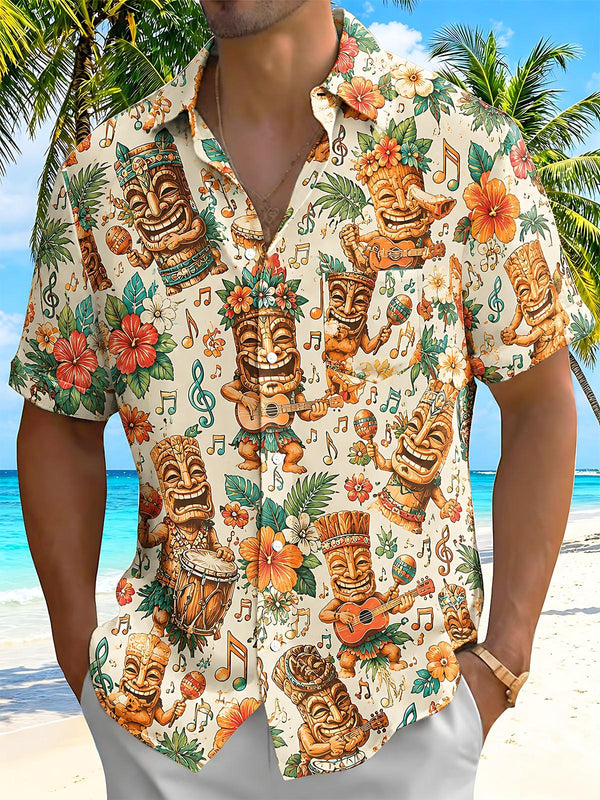 Fun Retro Tiki Ethnic Totem Musical Instrument Music Note Hibiscus Men's Pocket Short Sleeve Shirts