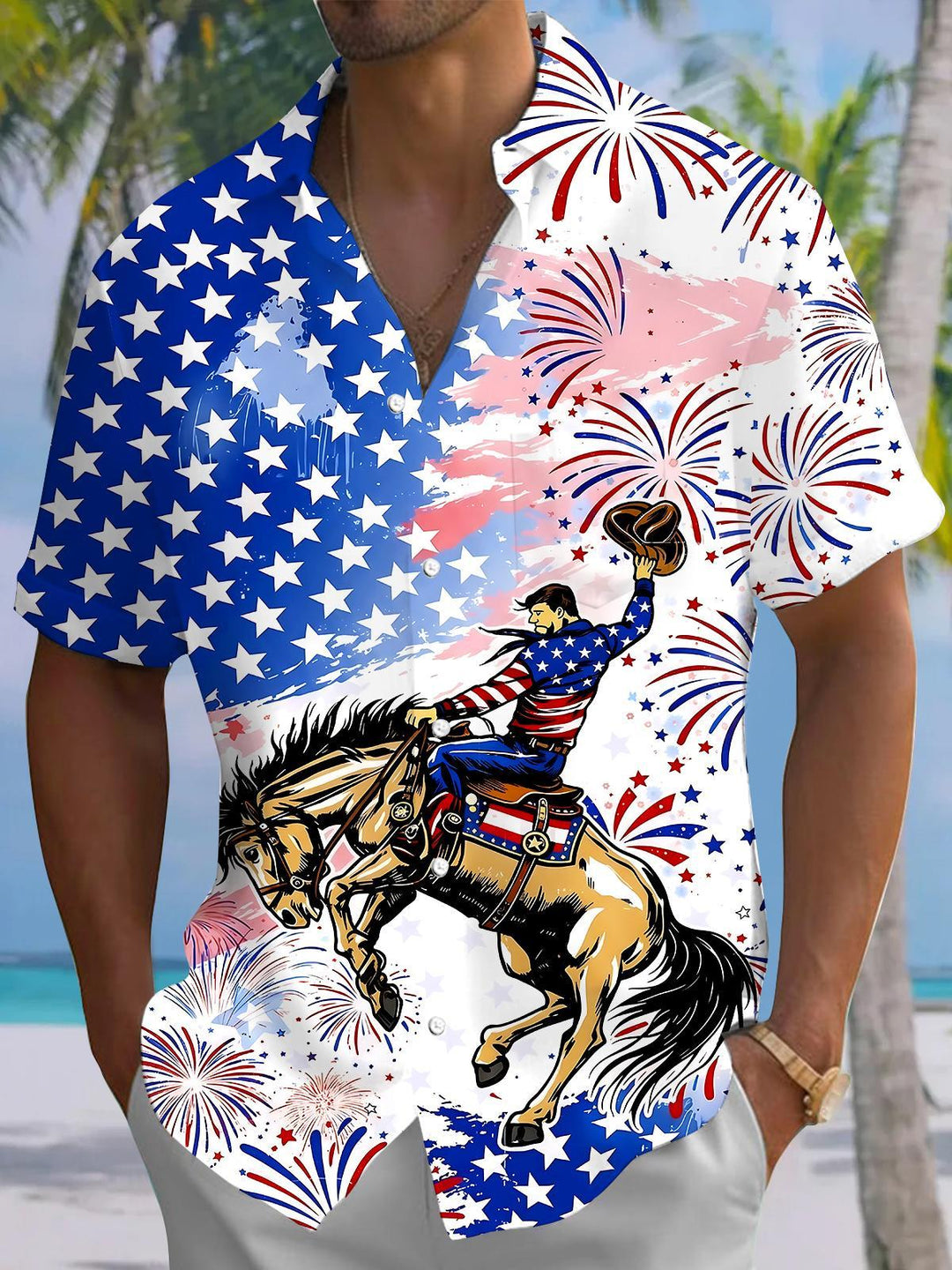 Independence Cowboy Riding Horse Men's Pocket Short Sleeve Shirts