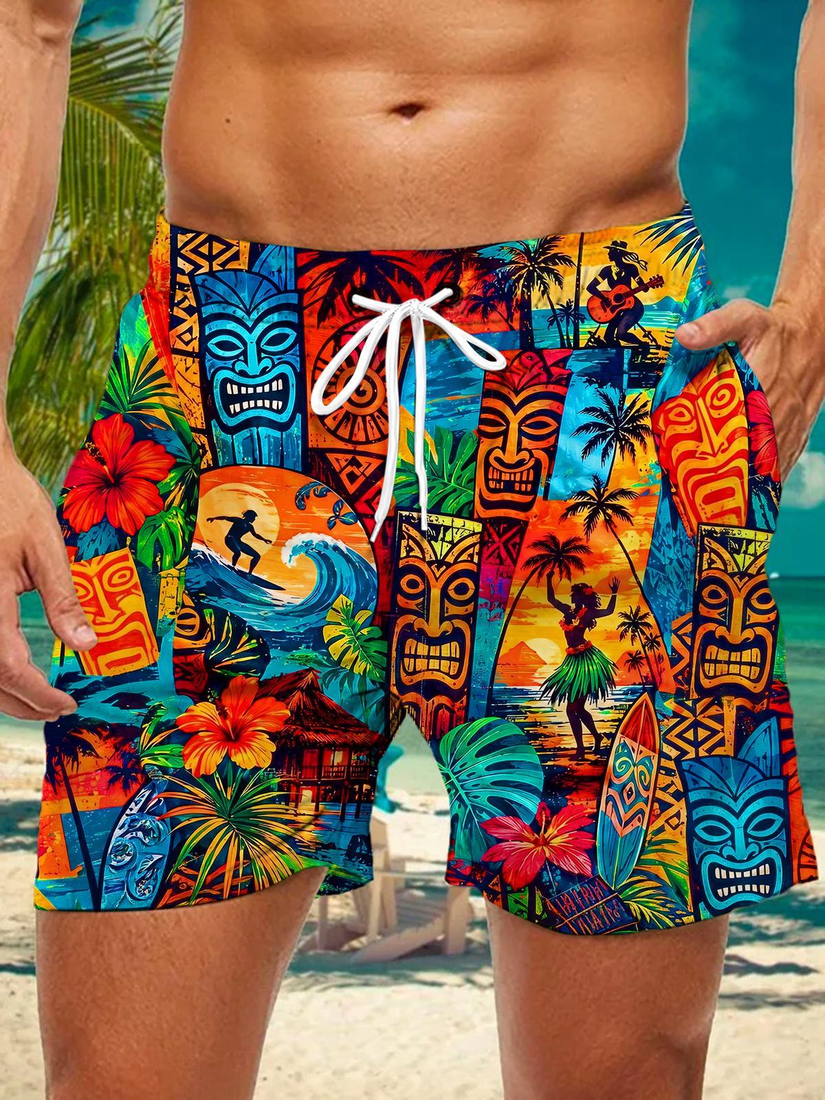 Fun Hawaiian Tiki Mask Surf Hula Dancer Beach Men's Print Pocket Shorts