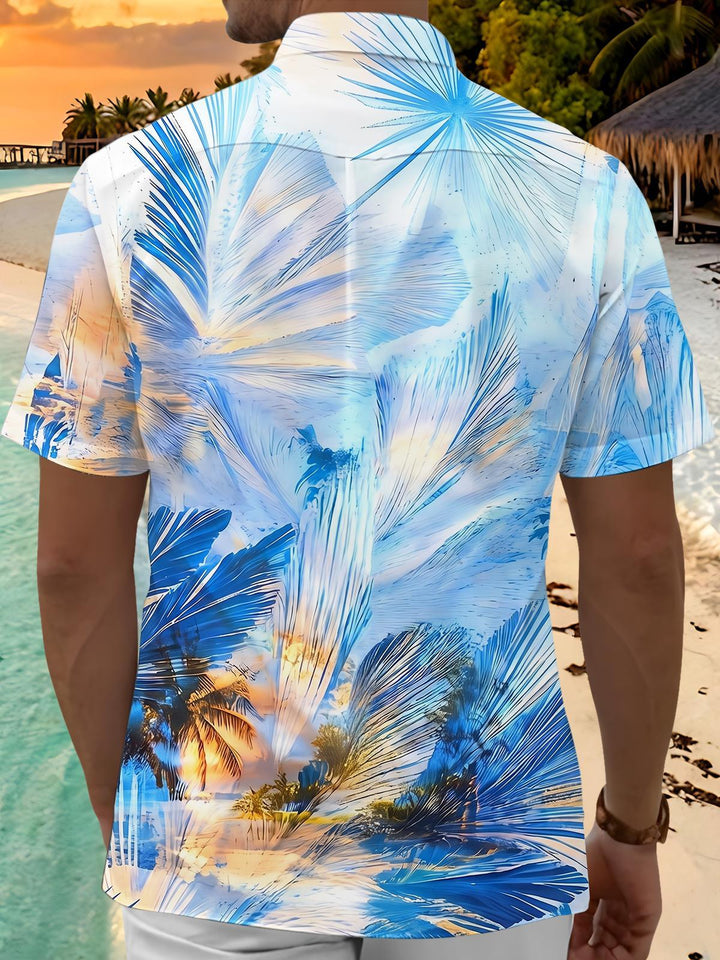 Sunset Coconut Grove Gradient Palm Leaf Vacation Men's Pocket Short Sleeve Shirts