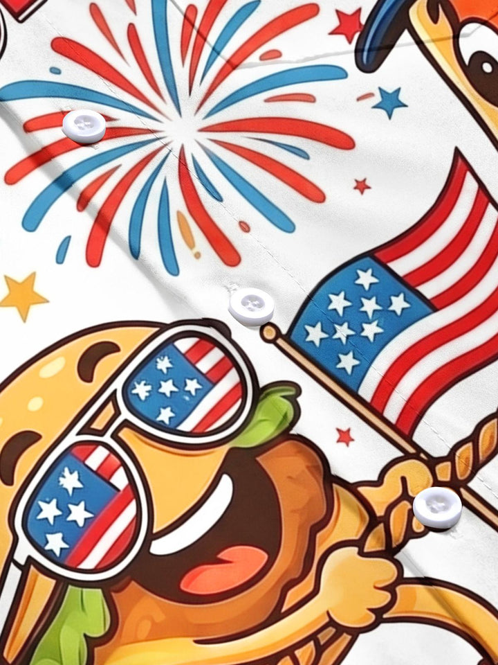 Independence Day 4Th Of July Hamburger And Hot Dog Fun Tug-Of-War Men's Pocket Short Sleeve Shirts