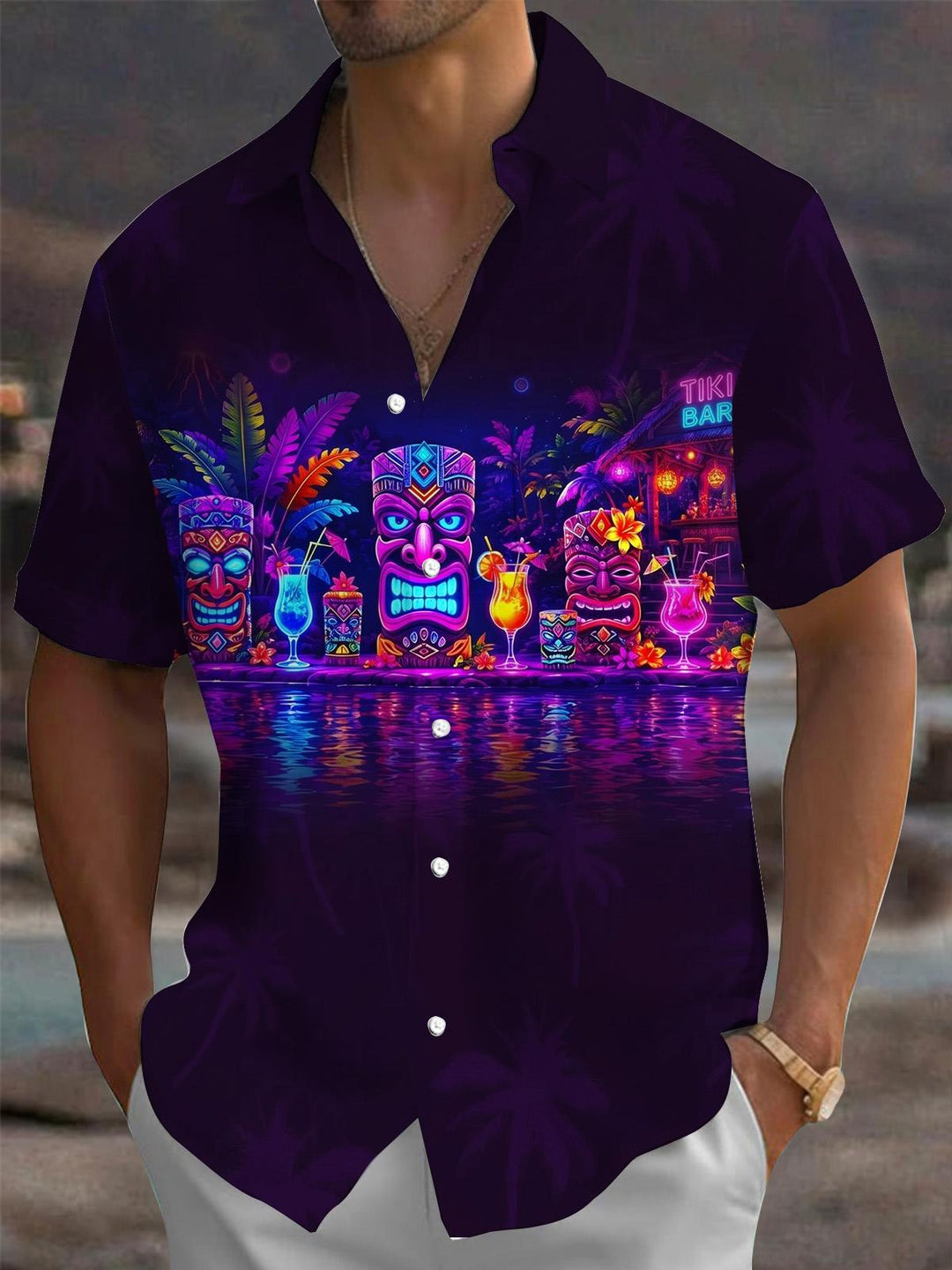 Neon Tiki Bar Hawaiian Men's Pocket Short Sleeve Shirts