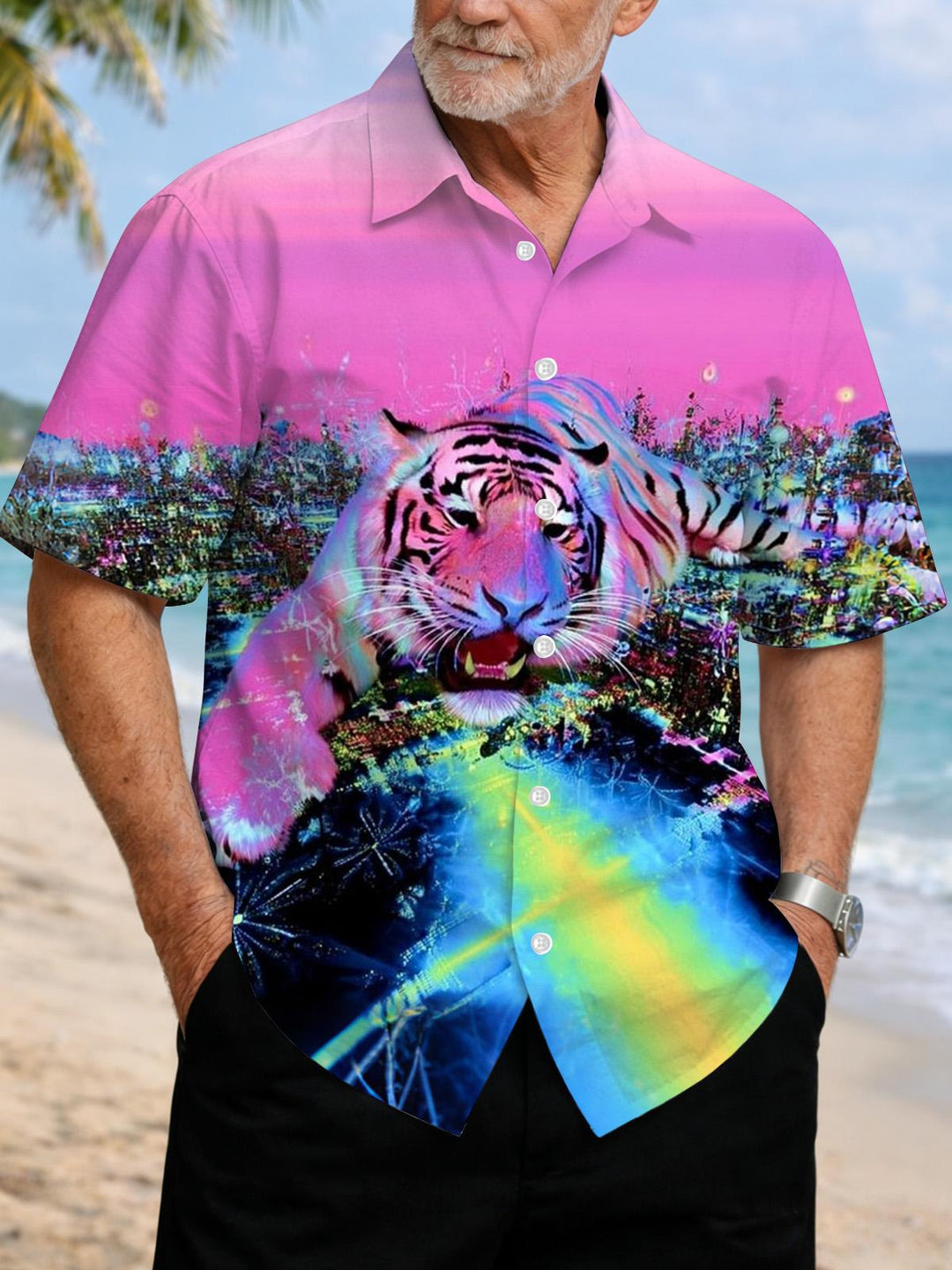 Tiger Print Men's Pocket Short Sleeve Shirts