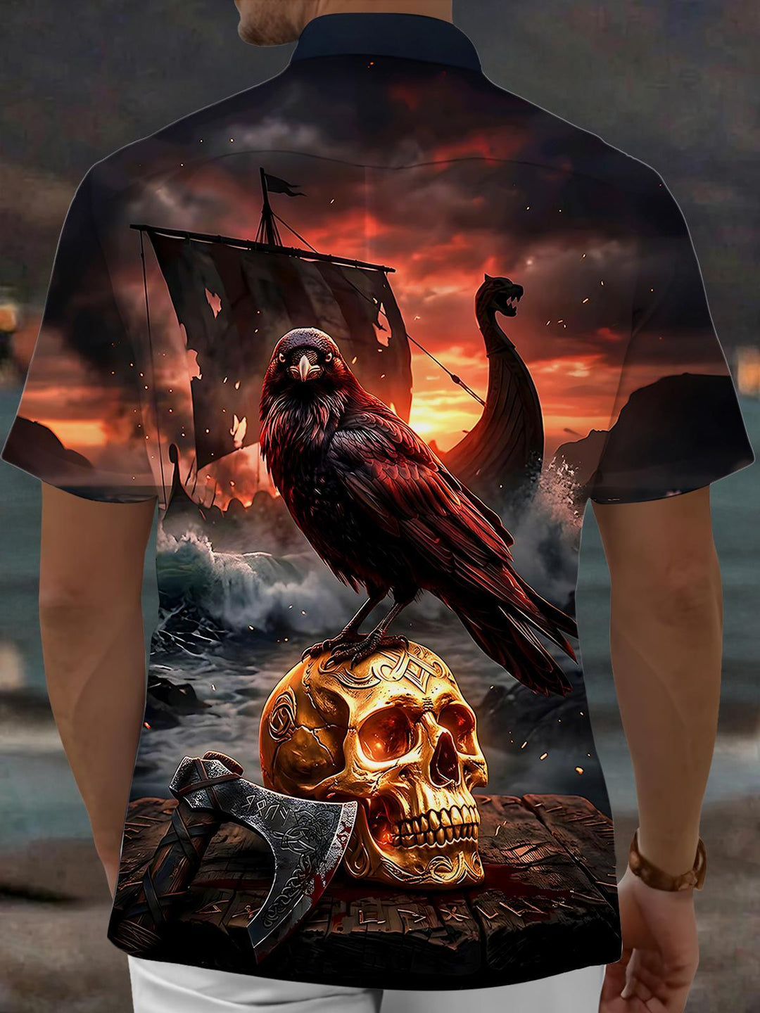 Dark Boat Crow Skull Men's Pocket Short Sleeve Shirts