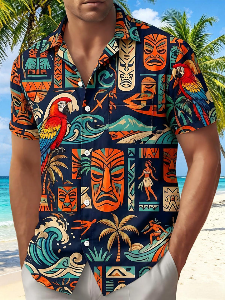 Hawaiian Tribal Tiki Mask Parrot Men's Pocket Short Sleeve Shirts