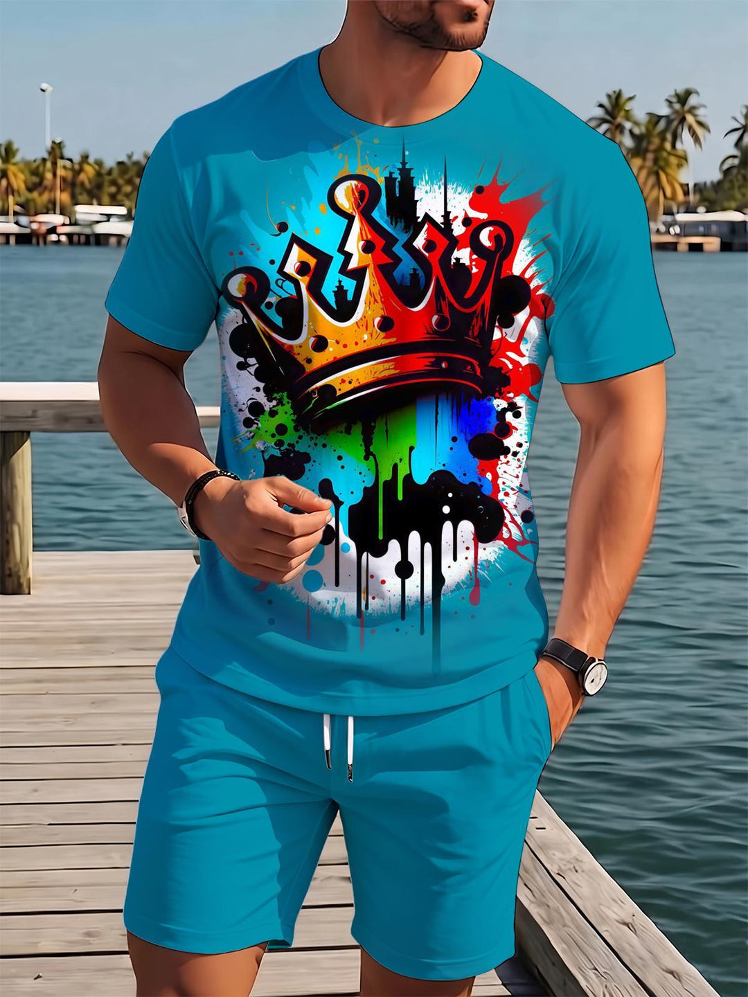 Crown Print Men's Short Sleeve Round Neck T-shirt And Shorts Set