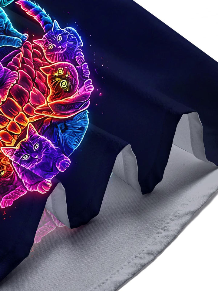 Funny Neon Colorful Skull Cat Luminous Dark Men's Pocket Short Sleeve Shirts
