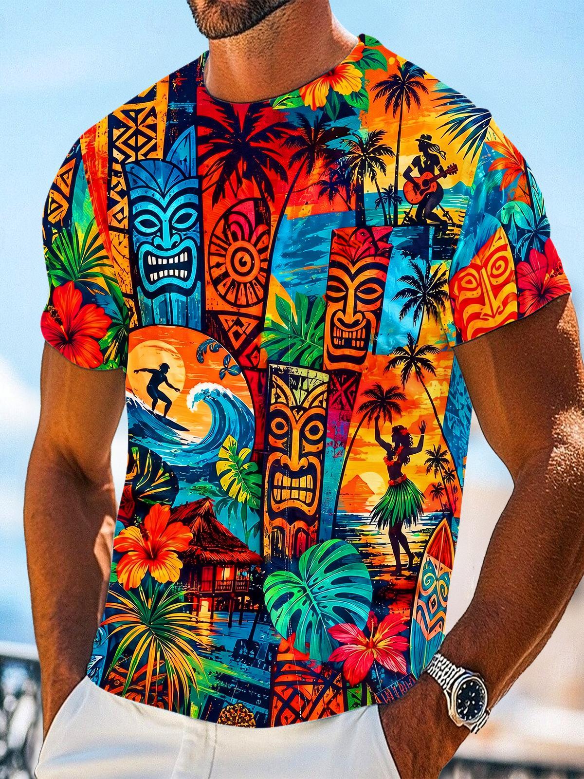Fun Hawaiian Tiki Mask Surf Hula Dancer Round Neck Short Sleeve Men's T-shirt