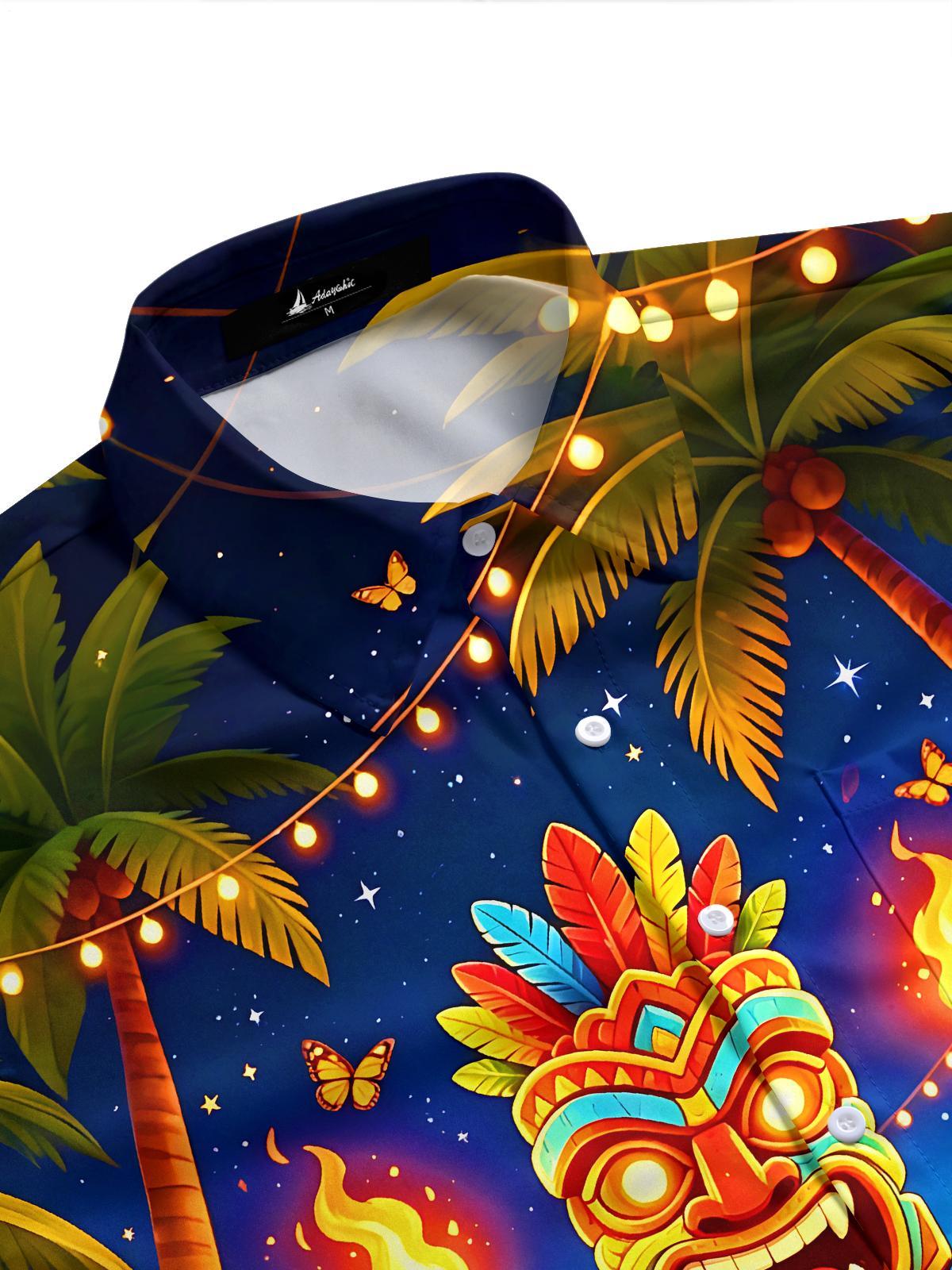 Fun Hawaiian Tiki Tribal Totem Torch Beach Party Night Men's Pocket Short Sleeve Shirts