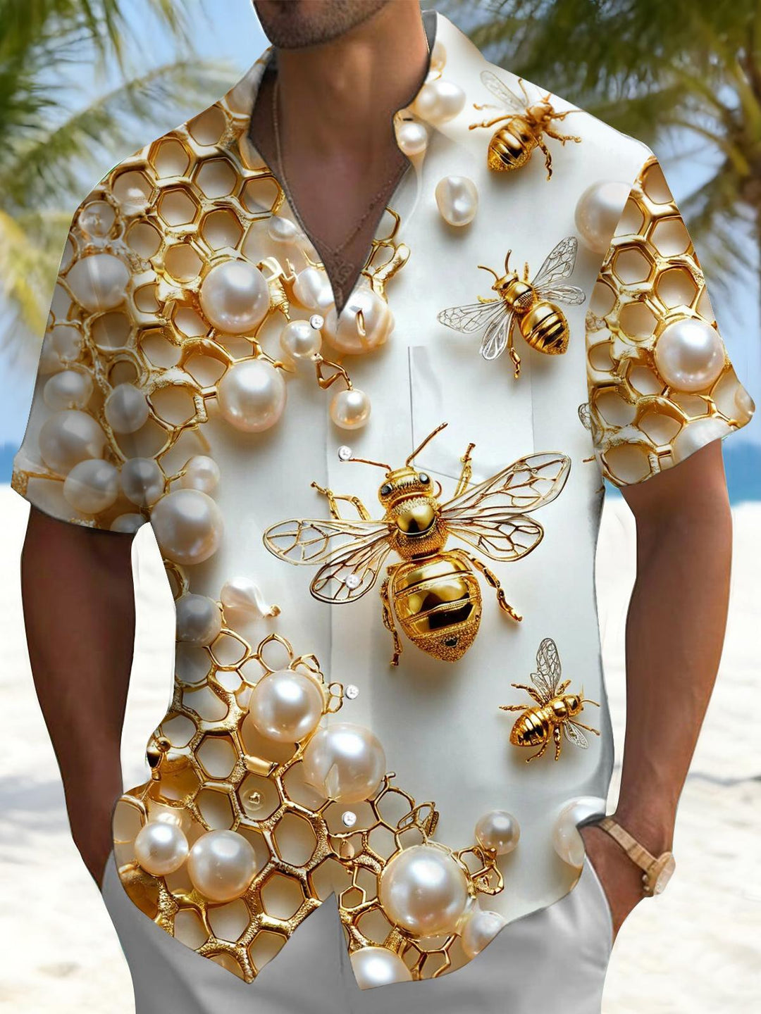 Bee Print Men's Pocket Short Sleeve Shirts