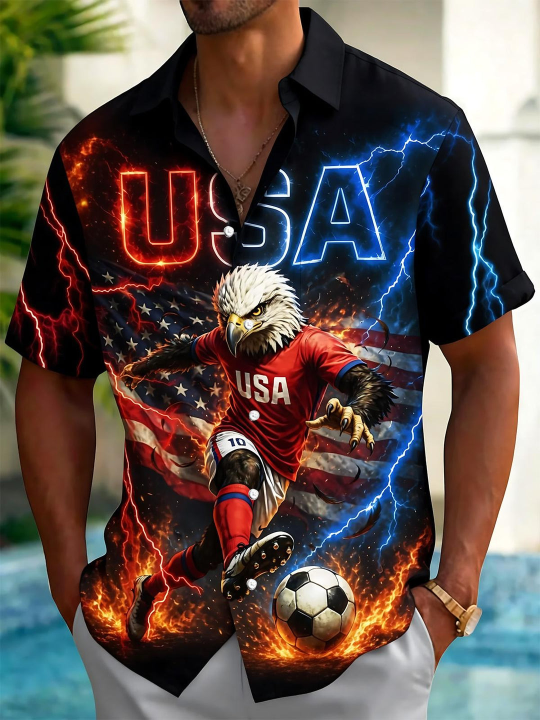 USA American Flag Eagle Soccer Print Men's Pocket Short Sleeve Shirts