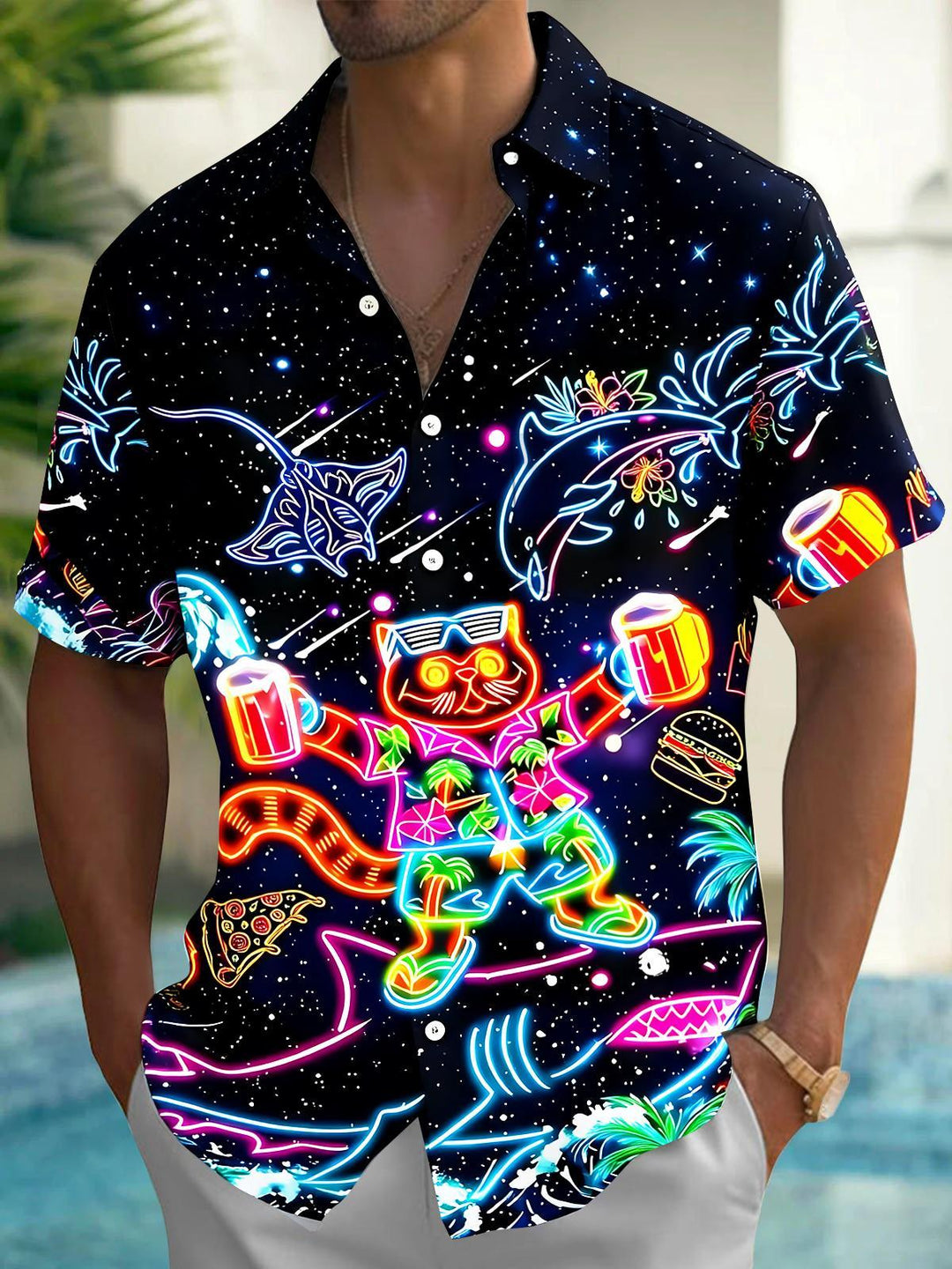 Hawaiian Cat Beer Men's Pocket Short Sleeve Shirts