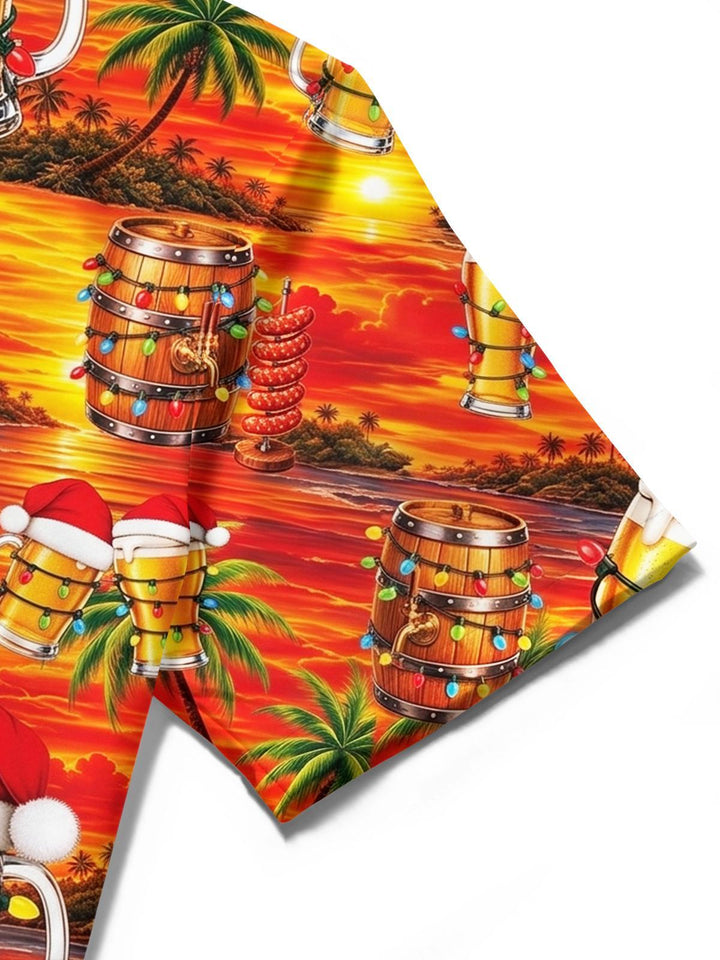 Christmas Beer Hawaiian Print Men's Pocket Short Sleeve Shirts