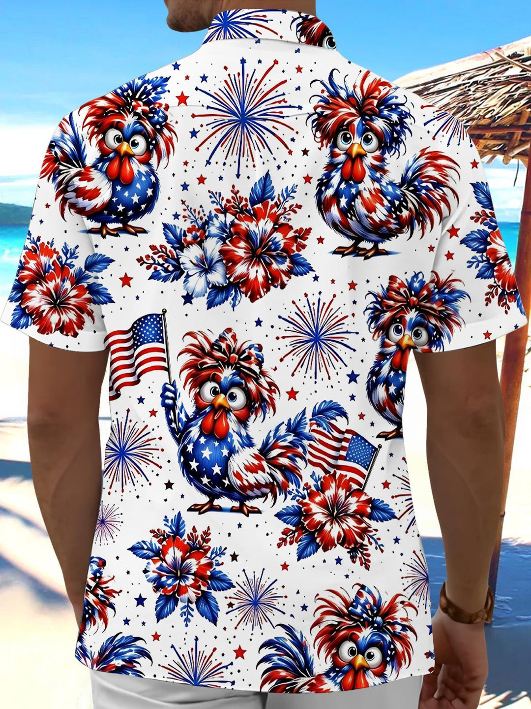 Independence Day Funny Patriotic Chicken American Flag Print Men's Pocket Short Sleeve Shirts