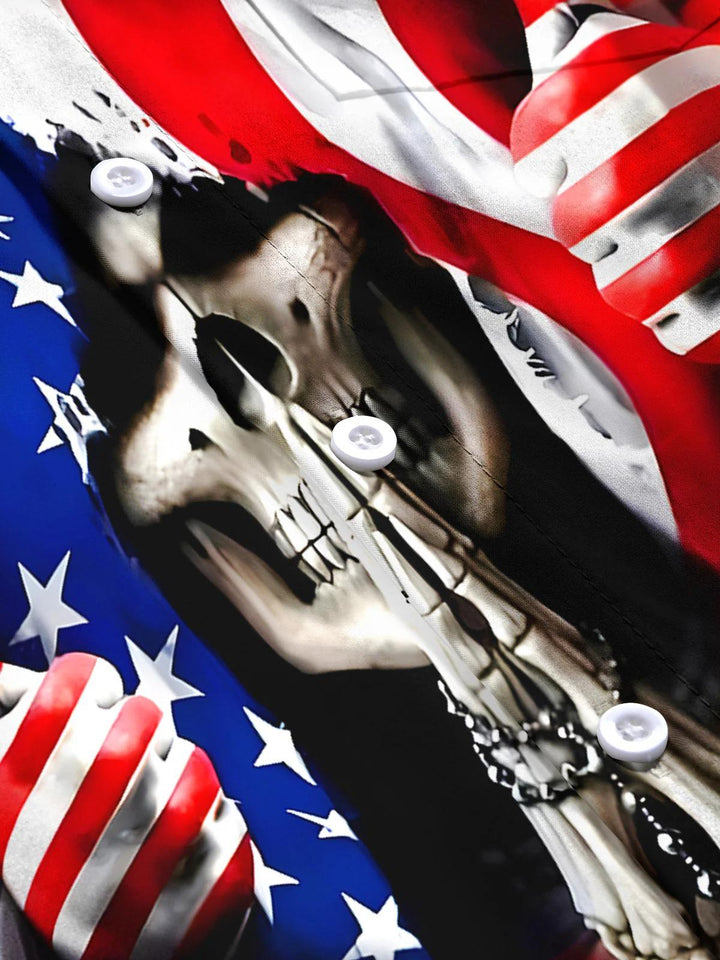 Independence Skull American Flag Men's Pocket Short Sleeve Shirts
