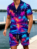 Hawaii Neon Palm Night Scene Beach Men's Short Sleeve Cuban Collar Pocket Shirts And Shorts Set