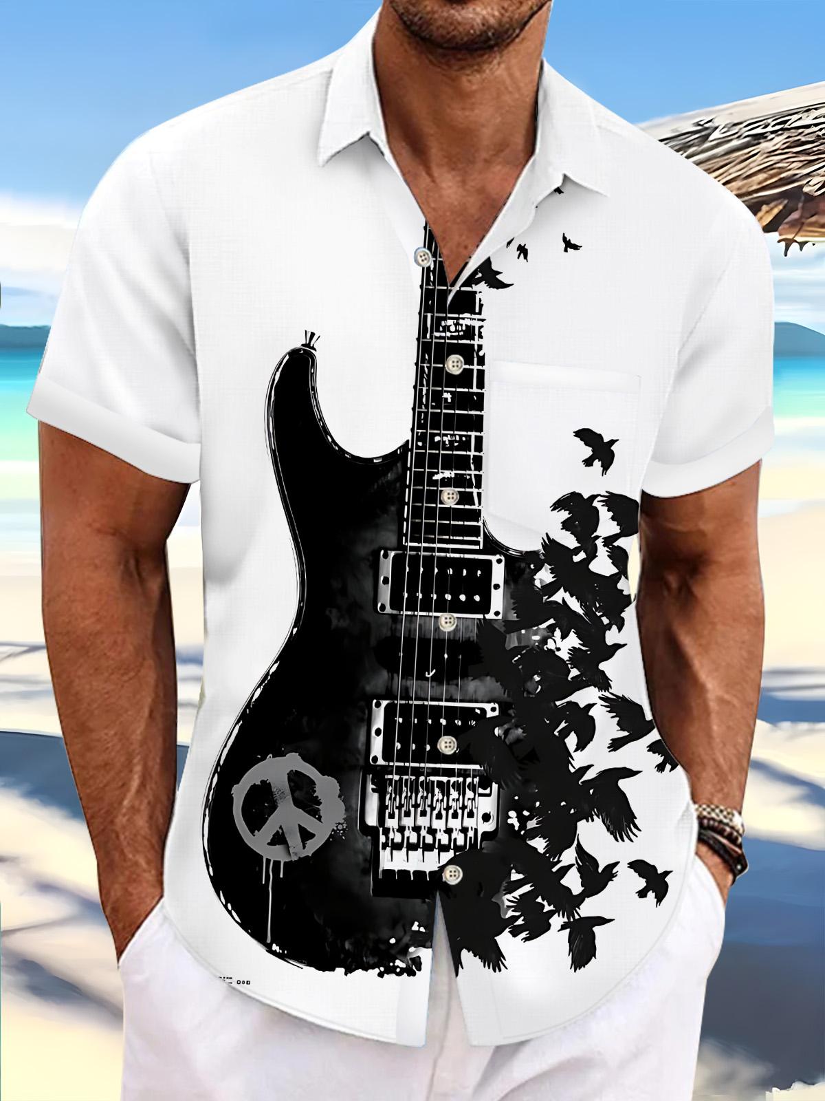 Hippie Peace Sign Guitar Crow Print Men's Pocket Short Sleeve Shirts