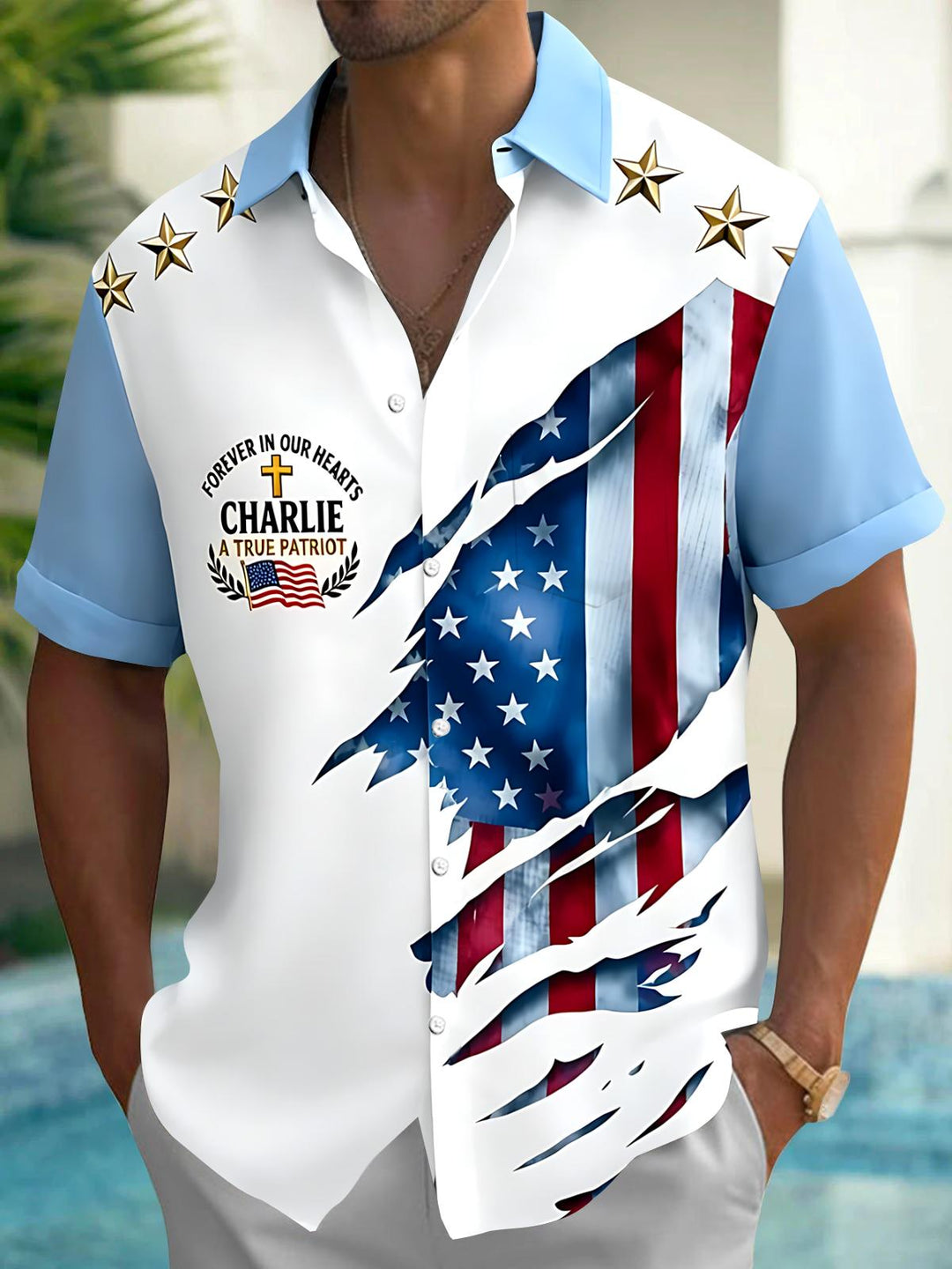 Independence American Flag Men's Pocket Short Sleeve Shirts