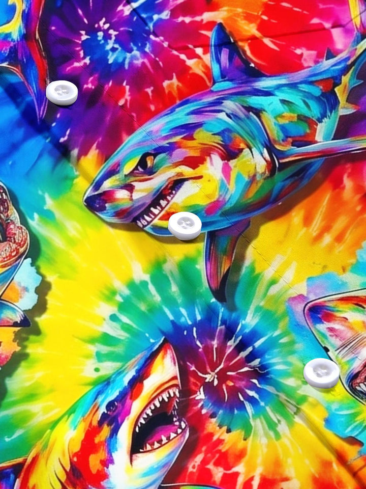 Colorful Shark Print Men's Pocket Short Sleeve Shirts