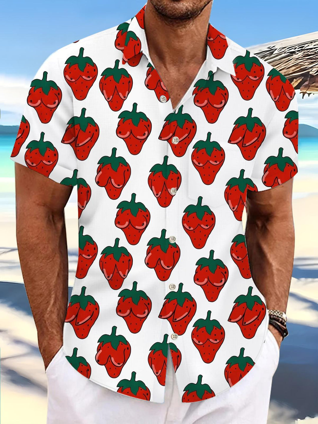 Funny Strawberry Print Men's Pocket Short Sleeve Shirts