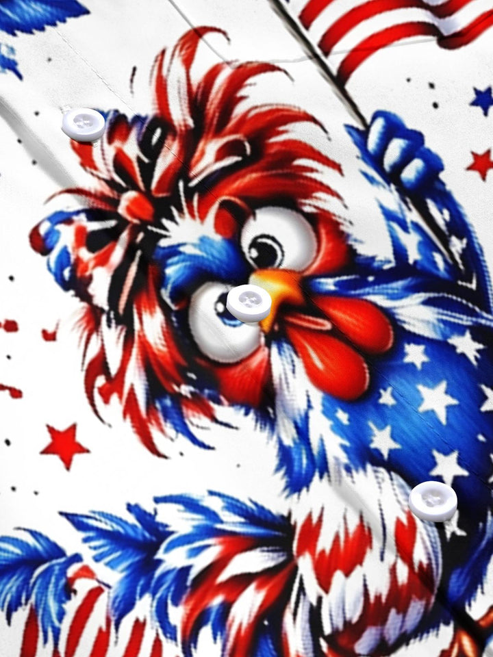 Independence Day Funny Patriotic Chicken American Flag Print Men's Pocket Short Sleeve Shirts