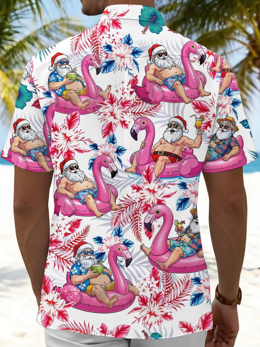 Hawaiian Flamingo Santa Claus Print Men's Pocket Short Sleeve Shirts