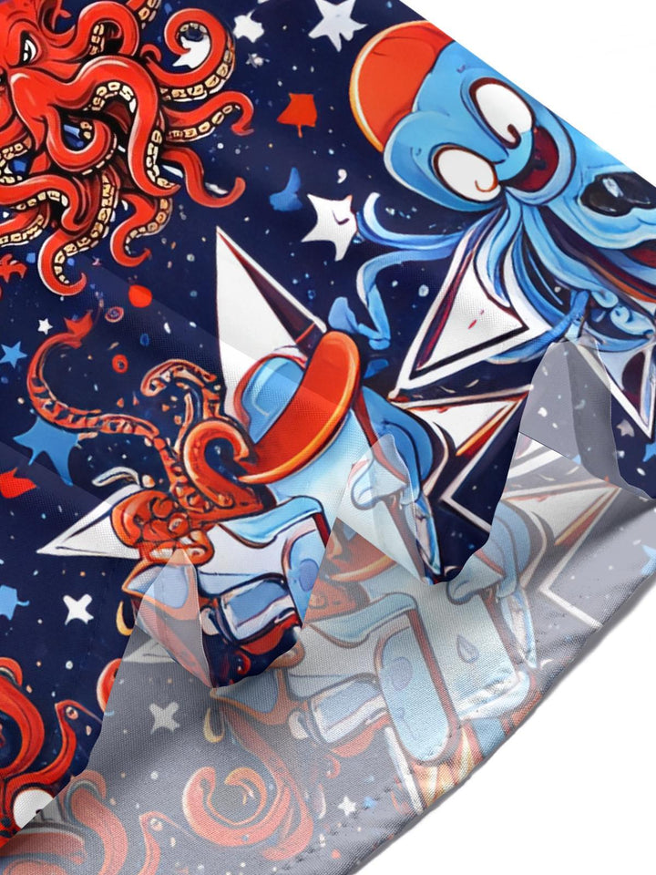 Independence Day Octopus American Flag Print Men's Pocket Short Sleeve Shirts