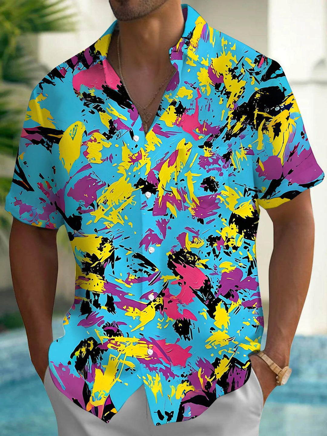 Art Colorful Contrast Oil Painting Ink Splash Abstract Tie Dye Men's Pocket Short Sleeve Shirts
