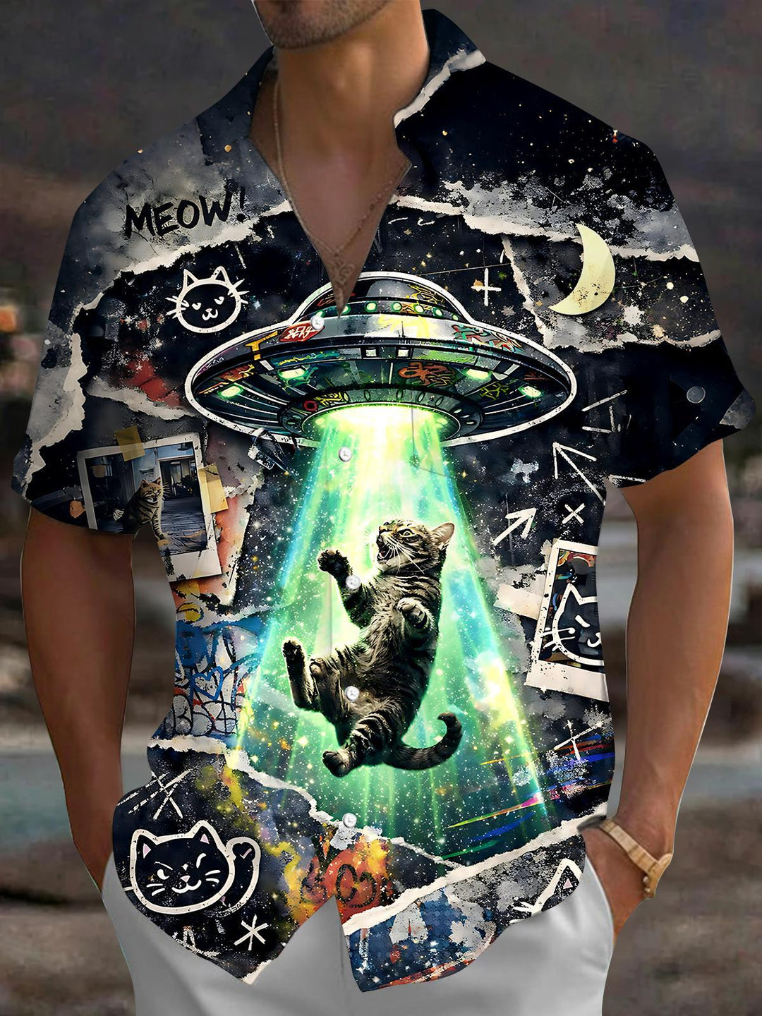 Spaceship Cat Men's Pocket Short Sleeve Shirts
