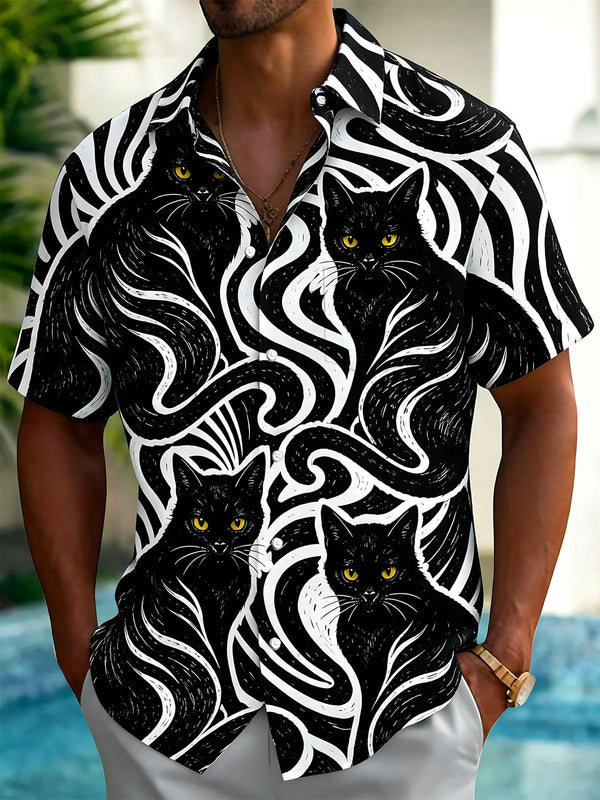 Cat Print Men's Pocket Short Sleeve Shirts