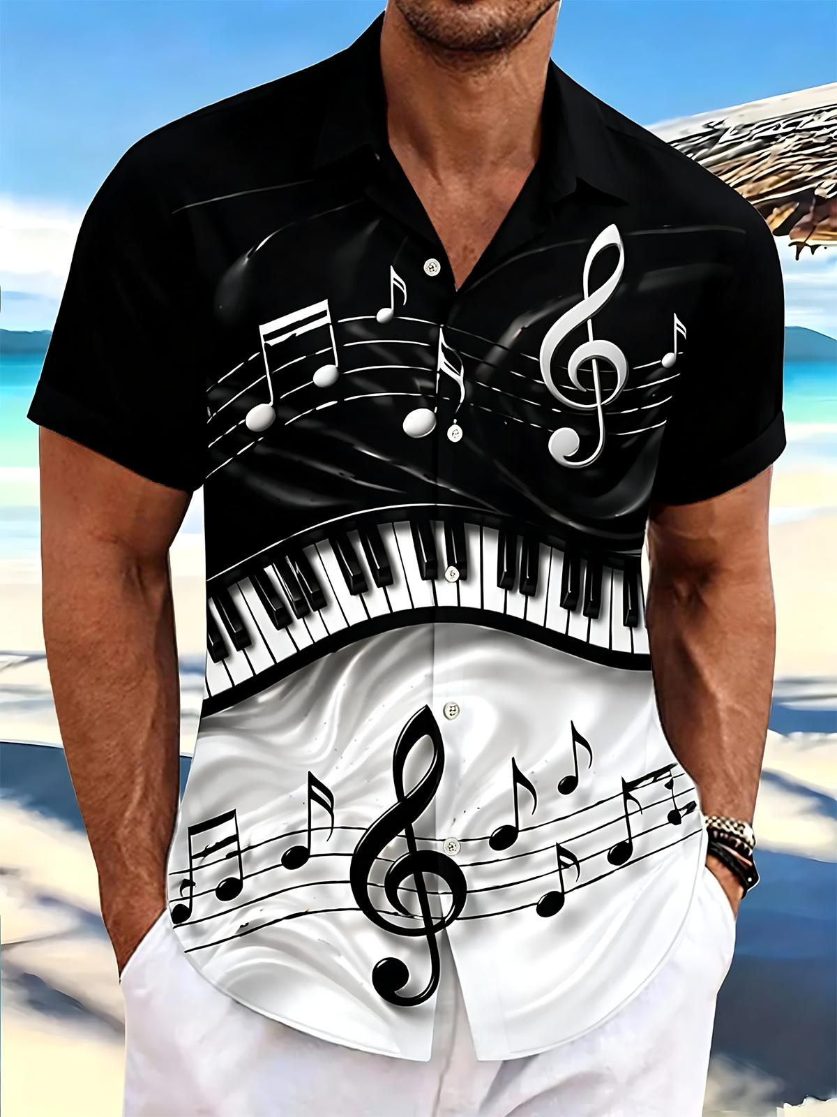 Music Piano Note Print Men's Pocket Short Sleeve Shirts