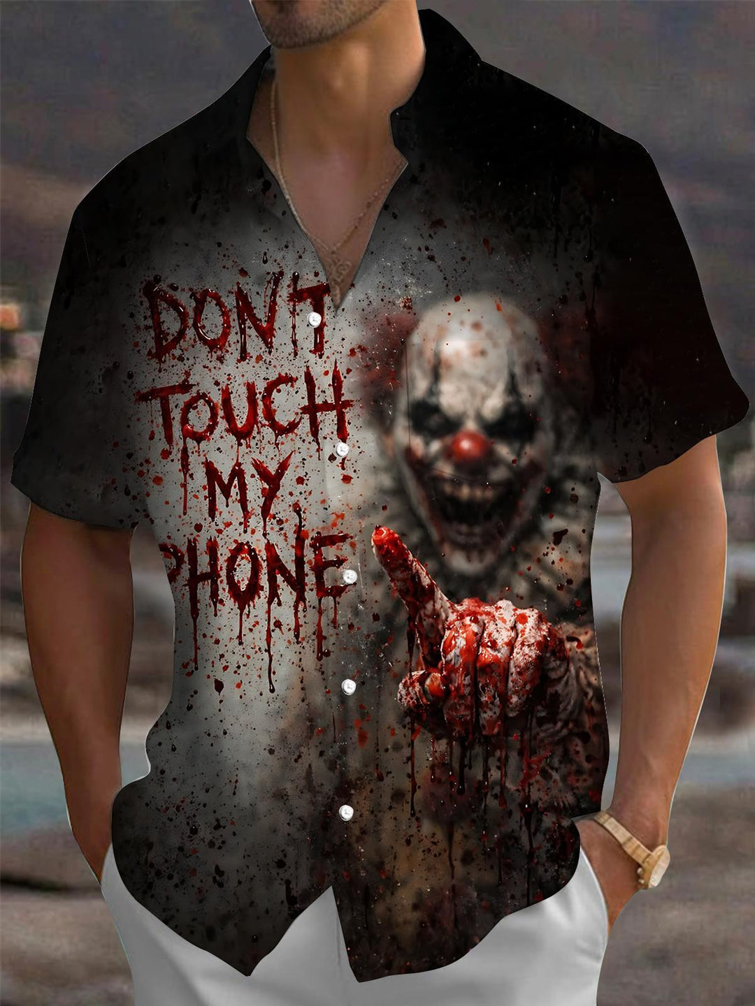Scary Clown Print Men's Pocket Short Sleeve Shirts