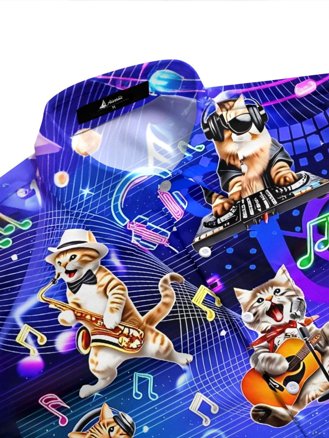 Musical Rock Cat Print Men's Pocket Short Sleeve Shirts