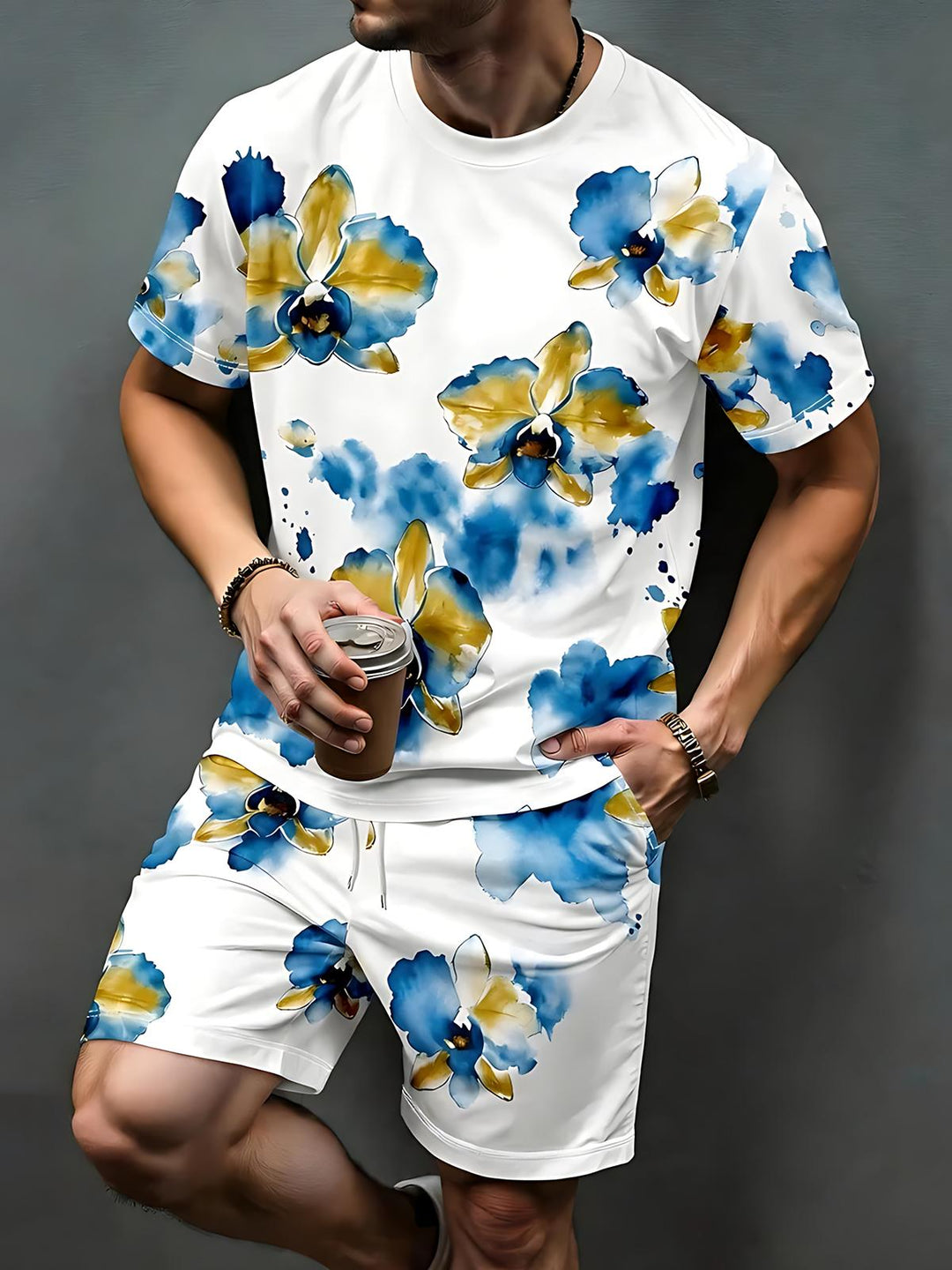 Floral Men's Short Sleeve Round Neck T-shirt And Shorts Set