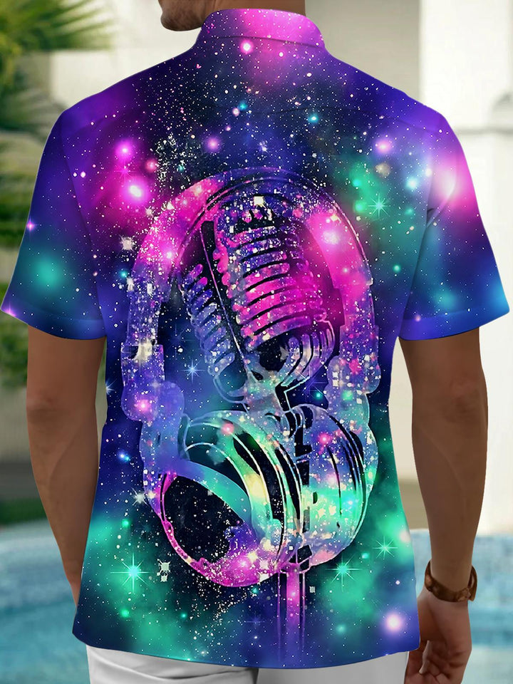 Microphone Headphones Men's Pocket Short Sleeve Shirts