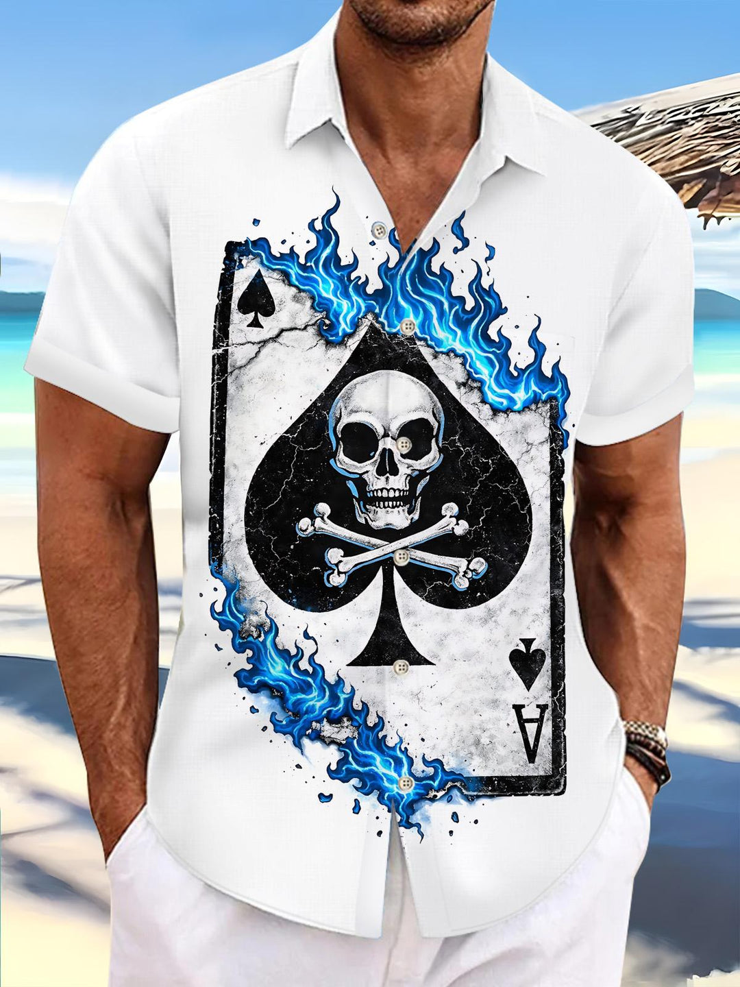 Skull Poker Print Men's Pocket Short Sleeve Shirts