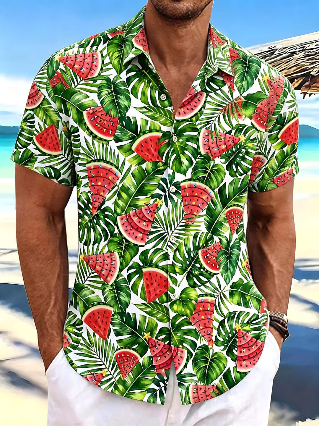 Watermelon Leaf Hawaiian Print Men's Pocket Short Sleeve Shirts