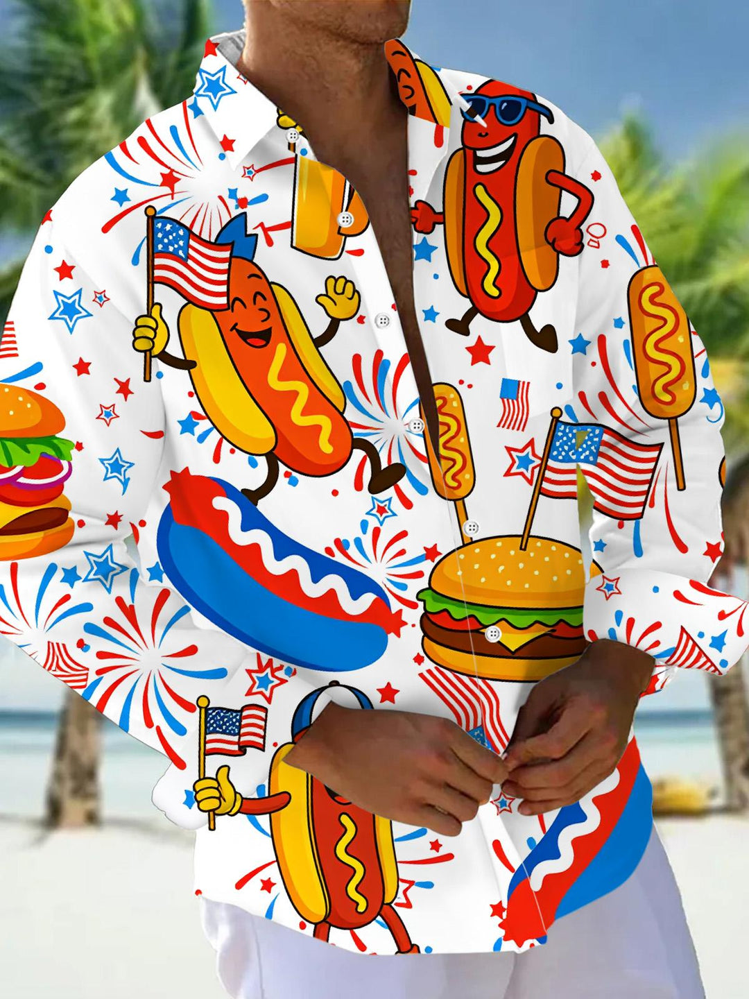 American Flag Hot Dog Burger Funny Print Men's Pocket Long Sleeve Shirts