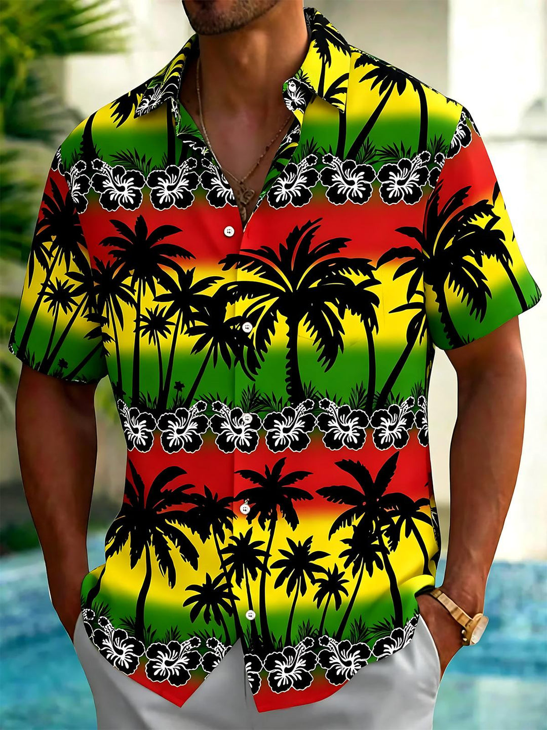 Hawaiian Palm Tree Flower Print Men's Pocket Short Sleeve Shirts