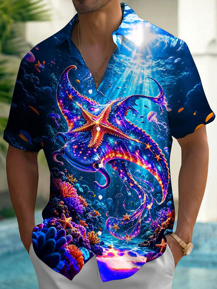 Deep Sea Fluorescent Manta Ray Starfish Coral Men's Pocket Short Sleeve Shirts