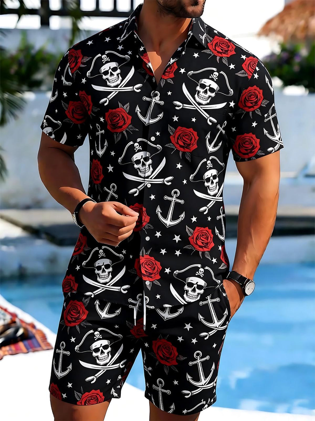 Skull Anchor Flower Print Men's Short Sleeve Pocket Shirts And Shorts Set