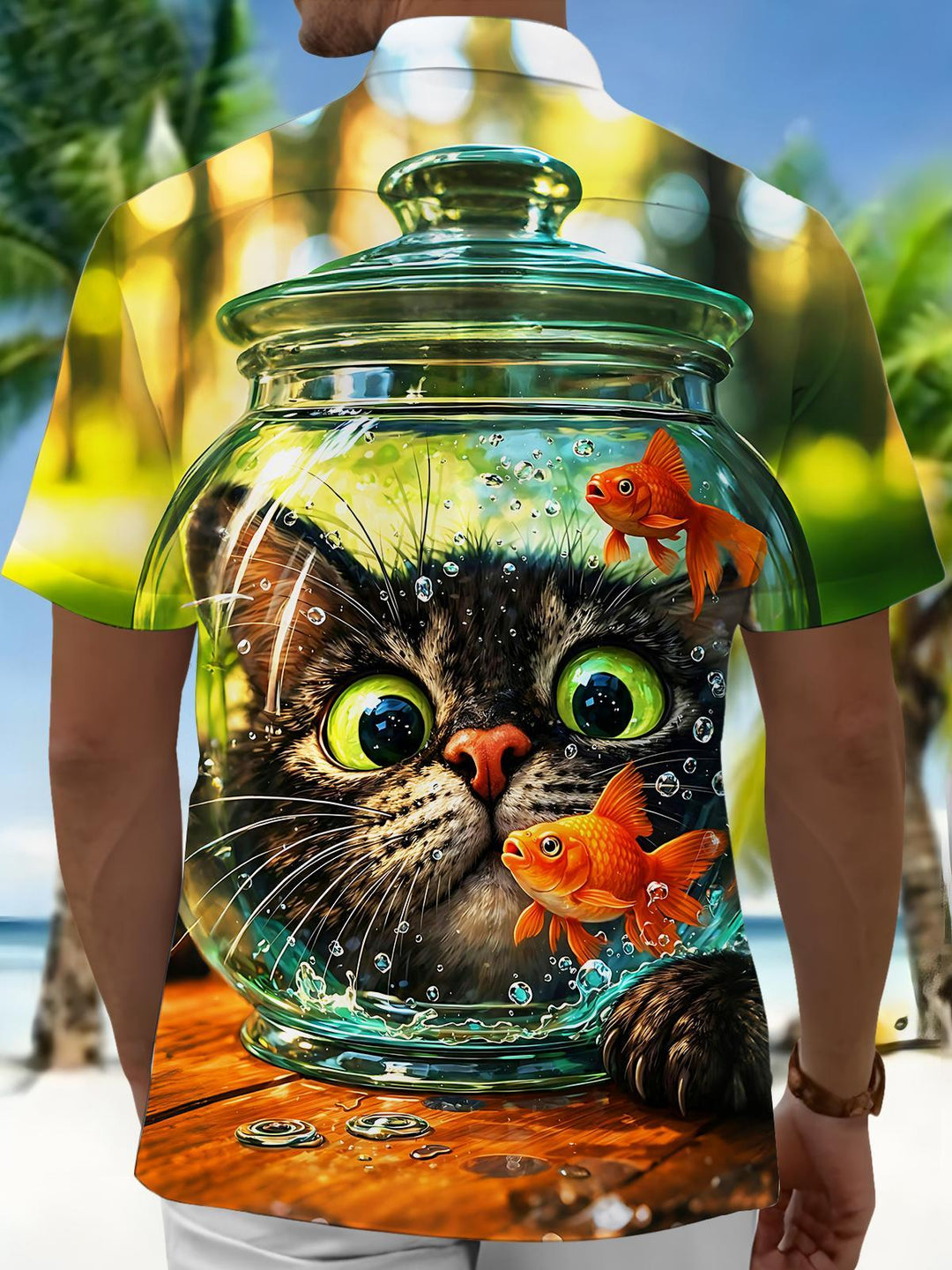 Fun Cat & Goldfish In A Jar Men's Pocket Short Sleeve Shirts